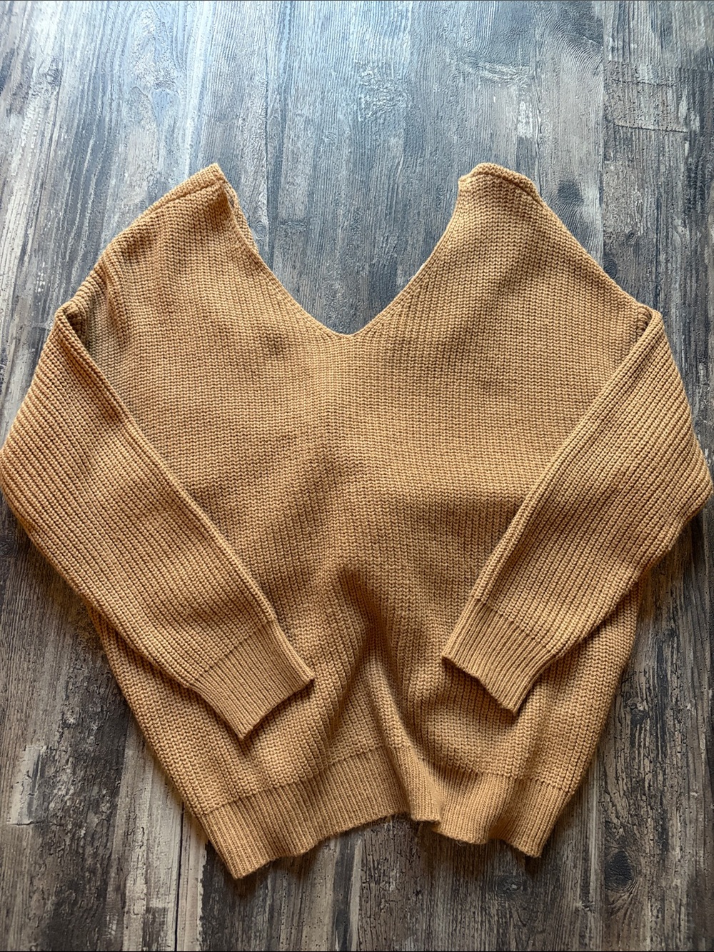 V-Neck Women's Cozy Knit Sweater with knotted back - Camel